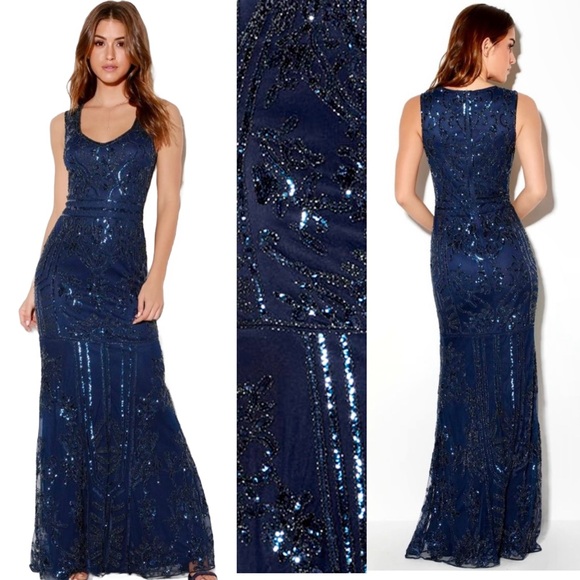 Lulus Dresses & Skirts - Lulu’s Dramatic Entrance Navy Blue Sequin Beaded Elegant Evening Gown Maxi M